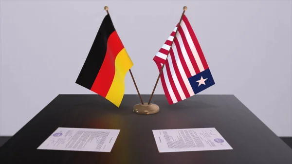 Liberia and Germany flag, politics relationship, national flags. Partnership deal 3D illustration.