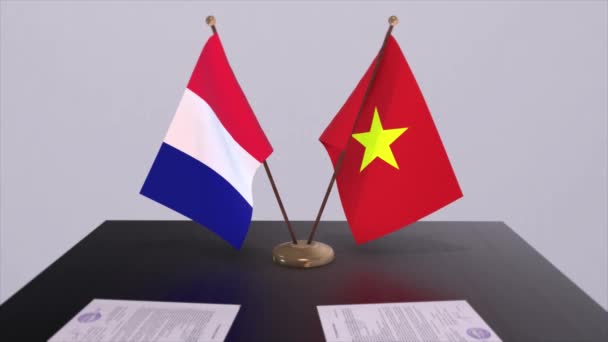 Bandeiras Nacionais Vietnã França Mesa Sala Conferências Diplomáticas Acordo Político — Vídeo de Stock