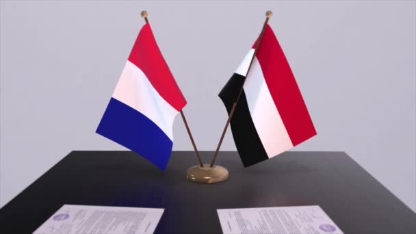 Yemen France National Flags Table Diplomatic Conference Room Politics Deal — Stock Video