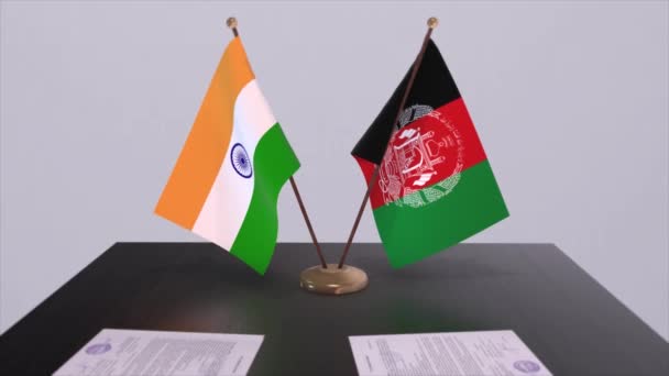 阿富汗和印度的国旗 伙伴关系协议动画 政治和商业协议合作 — 图库视频影像