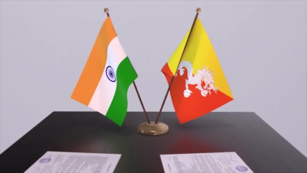 不丹和印度的国旗 伙伴关系协议动画 政治和商业协议合作 — 图库视频影像