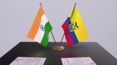 Ekvador ve Hindistan ulusal bayrakları. Ortaklık anlaşması animasyon, politika ve iş anlaşması işbirliği