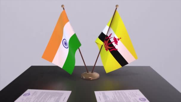 Brunei Hindistan Ulusal Bayrakları Ortaklık Anlaşması Animasyon Politika Anlaşması Işbirliği — Stok video