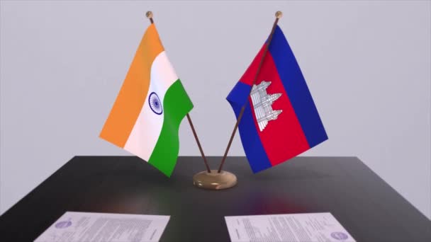 Bendera Nasional Kamboja Dan India Animasi Kesepakatan Kemitraan Politik Dan — Stok Video