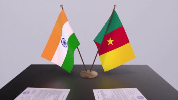 Cameroon India National Flags Partnership Deal Animation Politics Business Agreement — Stock Video