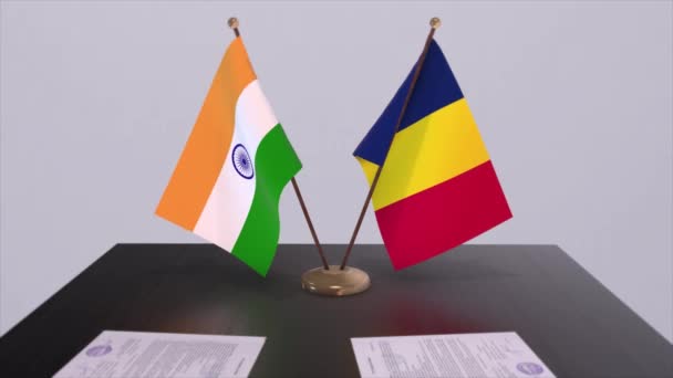 Bandeiras Nacionais Chade Índia Parceria Negócio Animação Política Cooperação Acordo — Vídeo de Stock