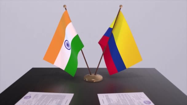 哥伦比亚和印度的国旗 伙伴关系协议动画 政治和商业协议合作 — 图库视频影像