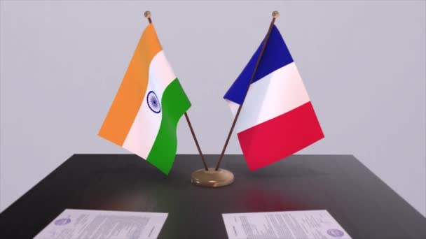 Nationalflaggen Frankreichs Und Indiens Partnerschaftsabkommen Animation Politik Und Geschäftsvereinbarung Zusammenarbeit — Stockvideo