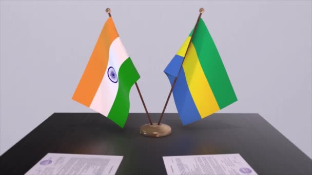Die Nationalflaggen Gabuns Und Indiens Partnerschaftsabkommen Animation Politik Und Geschäftsvereinbarung — Stockvideo