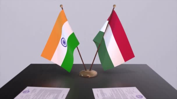 匈牙利和印度的国旗 伙伴关系协议动画 政治和商业协议合作 — 图库视频影像