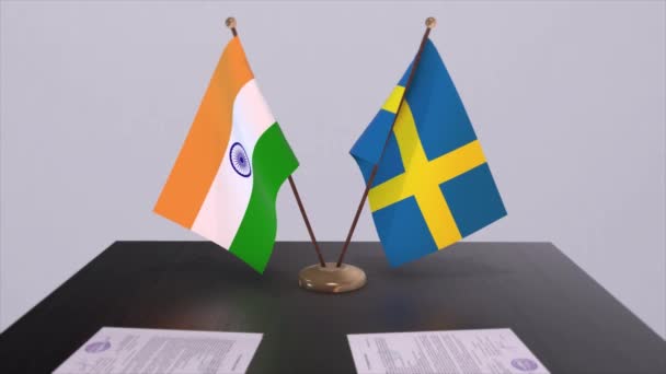Bandiere Nazionali Svezia India Accordo Partenariato Animazione Politica Cooperazione Commerciale — Video Stock