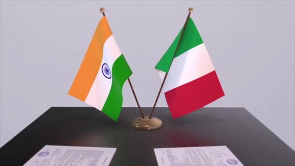 Flagi Narodowe Włoch Indii Animacja Umów Partnerskich Polityka Współpraca Ramach — Wideo stockowe