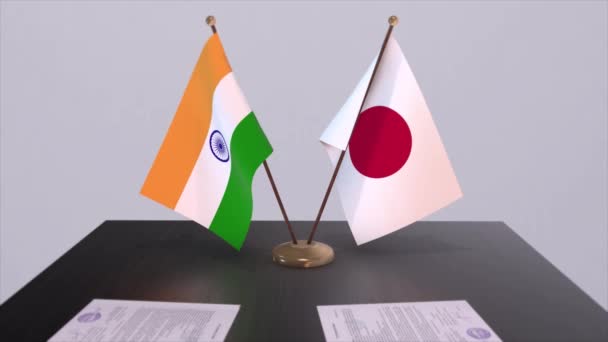 Japan Och Indiens Flaggstater Partnerskapsavtal Animation Politik Och Affärsavtal Samarbete — Stockvideo