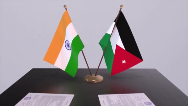 Jordanien Och Indien Nationella Flaggor Partnerskapsavtal Animation Politik Och Affärsavtal — Stockvideo
