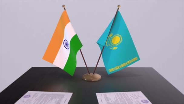 Bendera Nasional Kazakhstan Dan India Animasi Kesepakatan Kemitraan Politik Dan — Stok Video