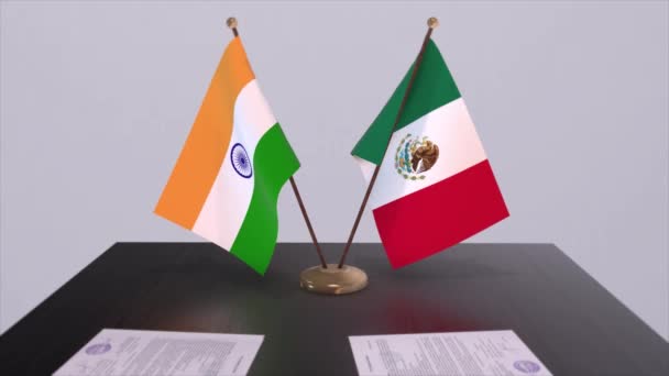 Mexikos Och Indiens Nationella Flaggor Partnerskapsavtal Animation Politik Och Affärsavtal — Stockvideo