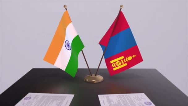 蒙古和印度的国旗 伙伴关系协议动画 政治和商业协议合作 — 图库视频影像