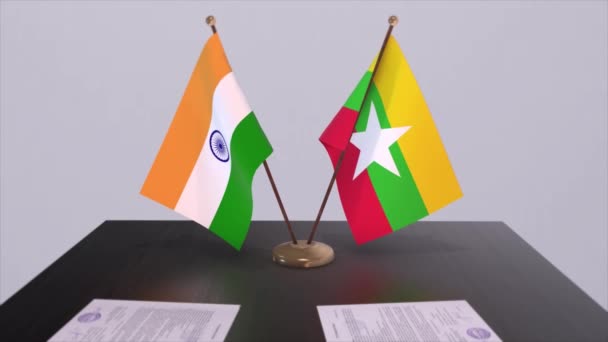 Myanmar Hindistan Ulusal Bayrakları Ortaklık Anlaşması Animasyon Politika Anlaşması Işbirliği — Stok video