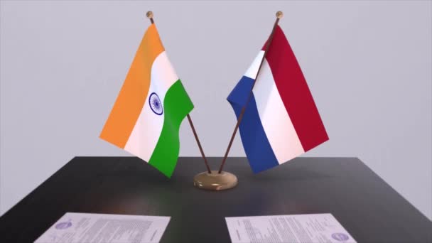 Nationalflaggen Der Niederlande Und Indiens Partnerschaftsabkommen Animation Politik Und Geschäftsvereinbarung — Stockvideo