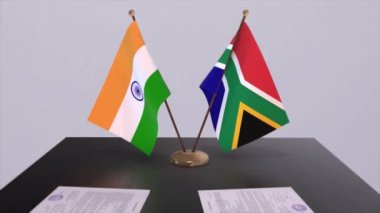 Güney Afrika ve Hindistan ulusal bayrakları. Ortaklık anlaşması animasyon, politika ve iş anlaşması işbirliği