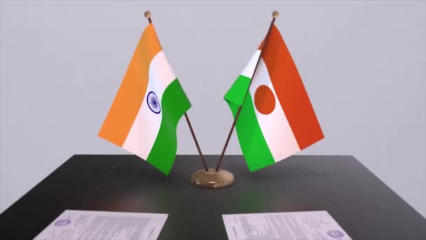 Bendera Nasional Niger Dan India Animasi Kesepakatan Kemitraan Politik Dan — Stok Video