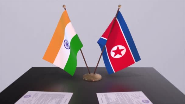 Drapelele Naționale Ale Coreei Nord Indiei Acord Parteneriat Animație Cooperare — Videoclip de stoc