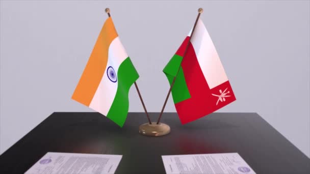 Flagi Narodowe Omanu Indii Animacja Umów Partnerskich Polityka Współpraca Ramach — Wideo stockowe
