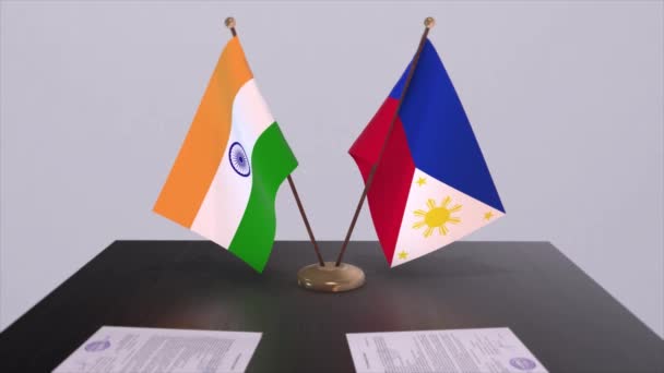 Filippinerna Och Indiens Nationella Flaggor Partnerskapsavtal Animation Politik Och Affärsavtal — Stockvideo