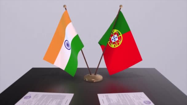 Nationella Flaggstater Portugal Och Indien Partnerskapsavtal Animation Politik Och Affärsavtal — Stockvideo