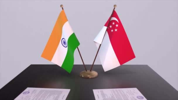 Nationella Flaggor Singapore Och Indien Partnerskapsavtal Animation Politik Och Affärsavtal — Stockvideo