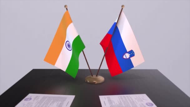 Sloveniens Och Indiens Nationella Flaggstater Partnerskapsavtal Animation Politik Och Affärsavtal — Stockvideo