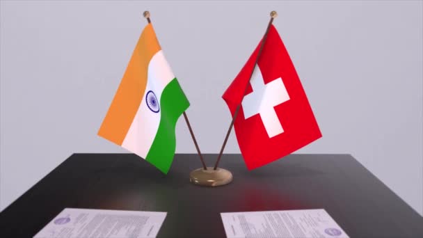 Flagi Narodowe Szwajcarii Indii Animacja Umów Partnerskich Polityka Współpraca Ramach — Wideo stockowe