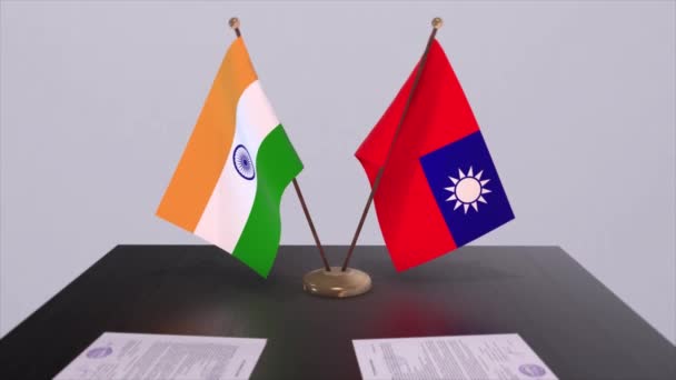 台湾和印度的国旗 伙伴关系协议动画 政治和商业协议合作 — 图库视频影像