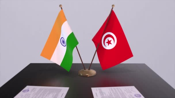 Bandeiras Nacionais Tunísia Índia Parceria Negócio Animação Política Cooperação Acordo — Vídeo de Stock