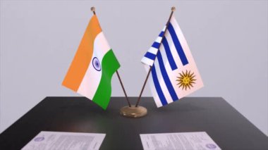 Uruguay ve Hindistan ulusal bayrakları. Ortaklık anlaşması animasyon, politika ve iş anlaşması işbirliği