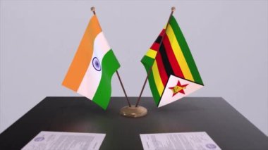 Zimbabve ve Hindistan ulusal bayrakları. Ortaklık anlaşması animasyon, politika ve iş anlaşması işbirliği