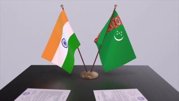Turkmenistan India National Flags Partnership Deal Animation Politics Business Agreement — Stock Video