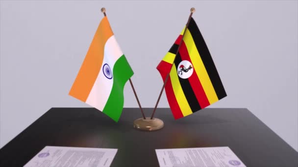 乌干达和印度的国旗 伙伴关系协议动画 政治和商业协议合作 — 图库视频影像