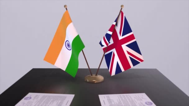Nationella Flaggstater Storbritannien Och Indien Partnerskapsavtal Animation Politik Och Affärsavtal — Stockvideo