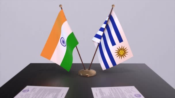 Bandeiras Nacionais Uruguai Índia Parceria Negócio Animação Política Cooperação Acordo — Vídeo de Stock
