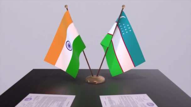 Üzbegisztán India Nemzeti Zászlói Partnerségi Megállapodás Ösztönzés Politikai Üzleti Megállapodás — Stock videók