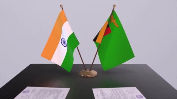 Zambia Och Indiens Nationella Flaggor Partnerskapsavtal Animation Politik Och Affärsavtal — Stockvideo