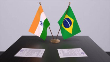 Brazil and India national flags. Partnership deal 3D illustration, politics and business agreement cooperation.