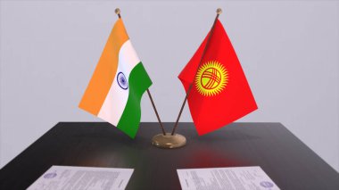Kyrgyzstan and India national flags. Partnership deal 3D illustration, politics and business agreement cooperation.
