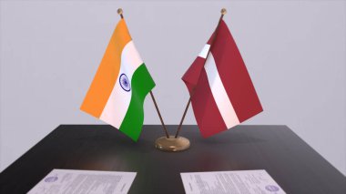 Latvia and India national flags. Partnership deal 3D illustration, politics and business agreement cooperation.