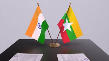 Myanmar and India national flags. Partnership deal 3D illustration, politics and business agreement cooperation.