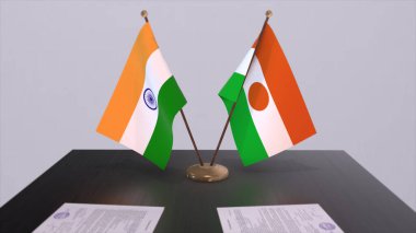 Niger and India national flags. Partnership deal 3D illustration, politics and business agreement cooperation.