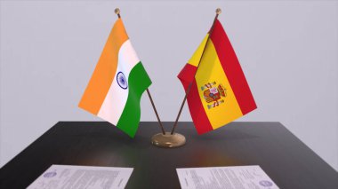 Spain and India national flags. Partnership deal 3D illustration, politics and business agreement cooperation.