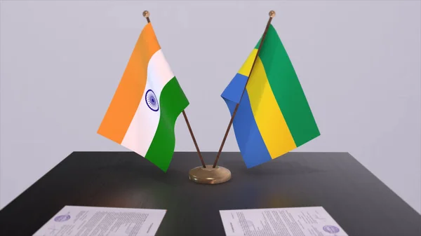 stock image Gabon and India national flags. Partnership deal 3D illustration, politics and business agreement cooperation.