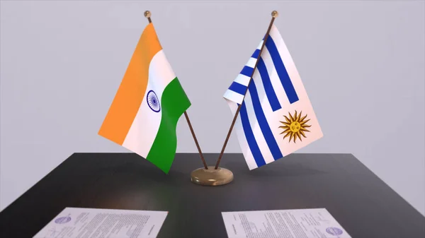 Εθνικές Σημαίες Της Ουρουγουάης Και Της Ινδίας Συμφωνία Εταιρικής Σχέσης — Φωτογραφία Αρχείου